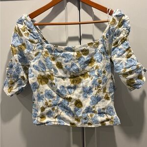 100% Linen Joie Floral Puff Sleeve Top - Blue and Green
